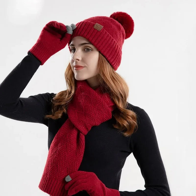 Ensemble Femme Bonnet, Écharpe et Gants en tricot