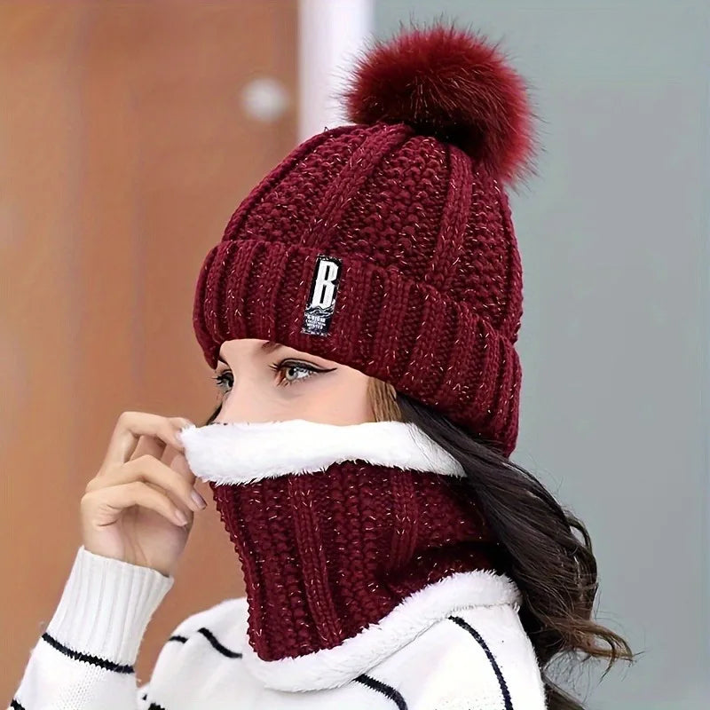 Ensemble Bonnet Femme Pompon en Maille & Écharpe Épaisse