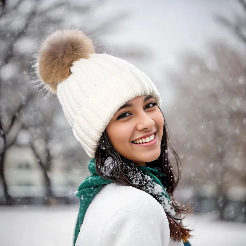 Bonnet Femme en Maille Classique avec Pompon - Glacie