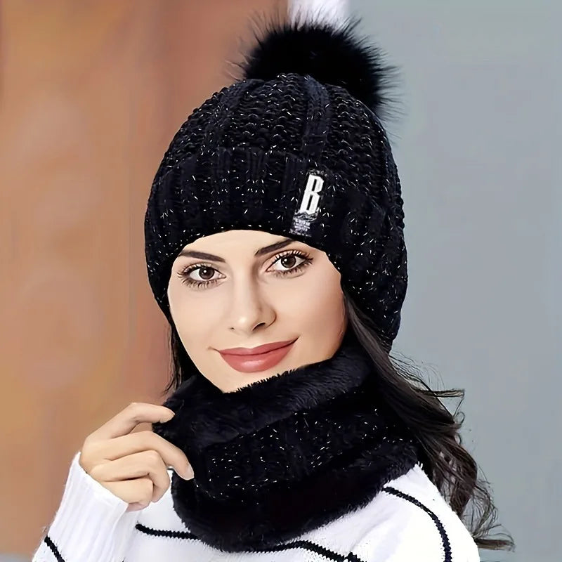 Ensemble Bonnet Femme Pompon en Maille & Écharpe Épaisse