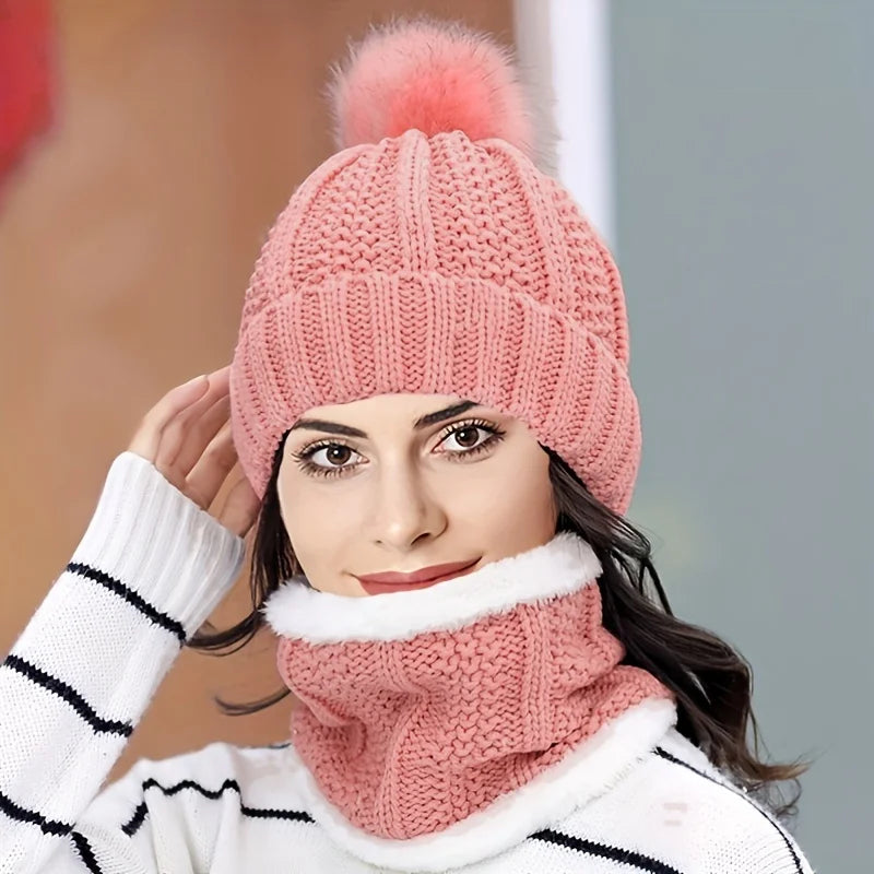 Ensemble Bonnet Femme Pompon en Maille & Écharpe Épaisse