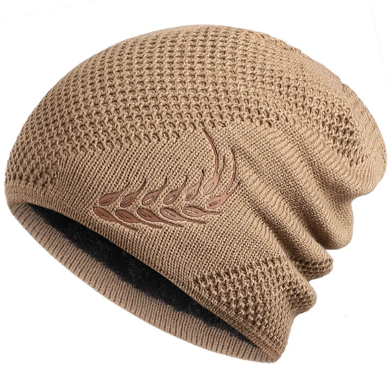 Bonnet Long en Maille avec Broderie Feuille - LeafyWarm