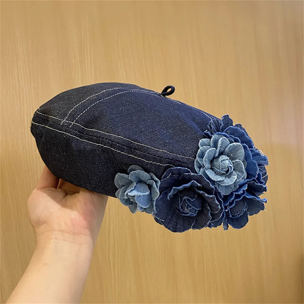 Béret Femme en Jean Fleur - La Maison du Chapeau