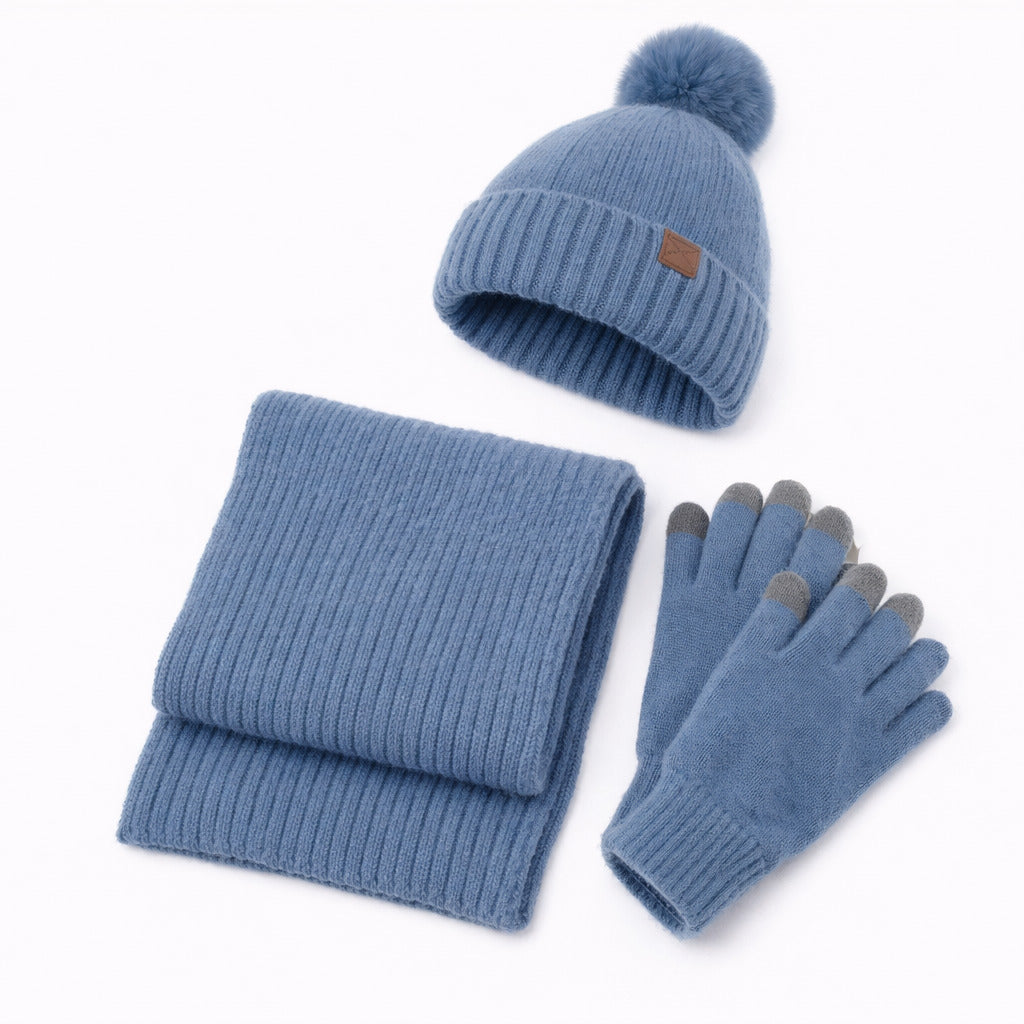 Ensemble Femme Bonnet, Écharpe et Gants en tricot