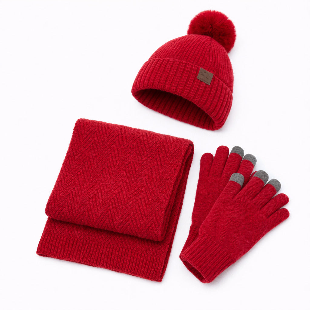 Ensemble Femme Bonnet, Écharpe et Gants en tricot