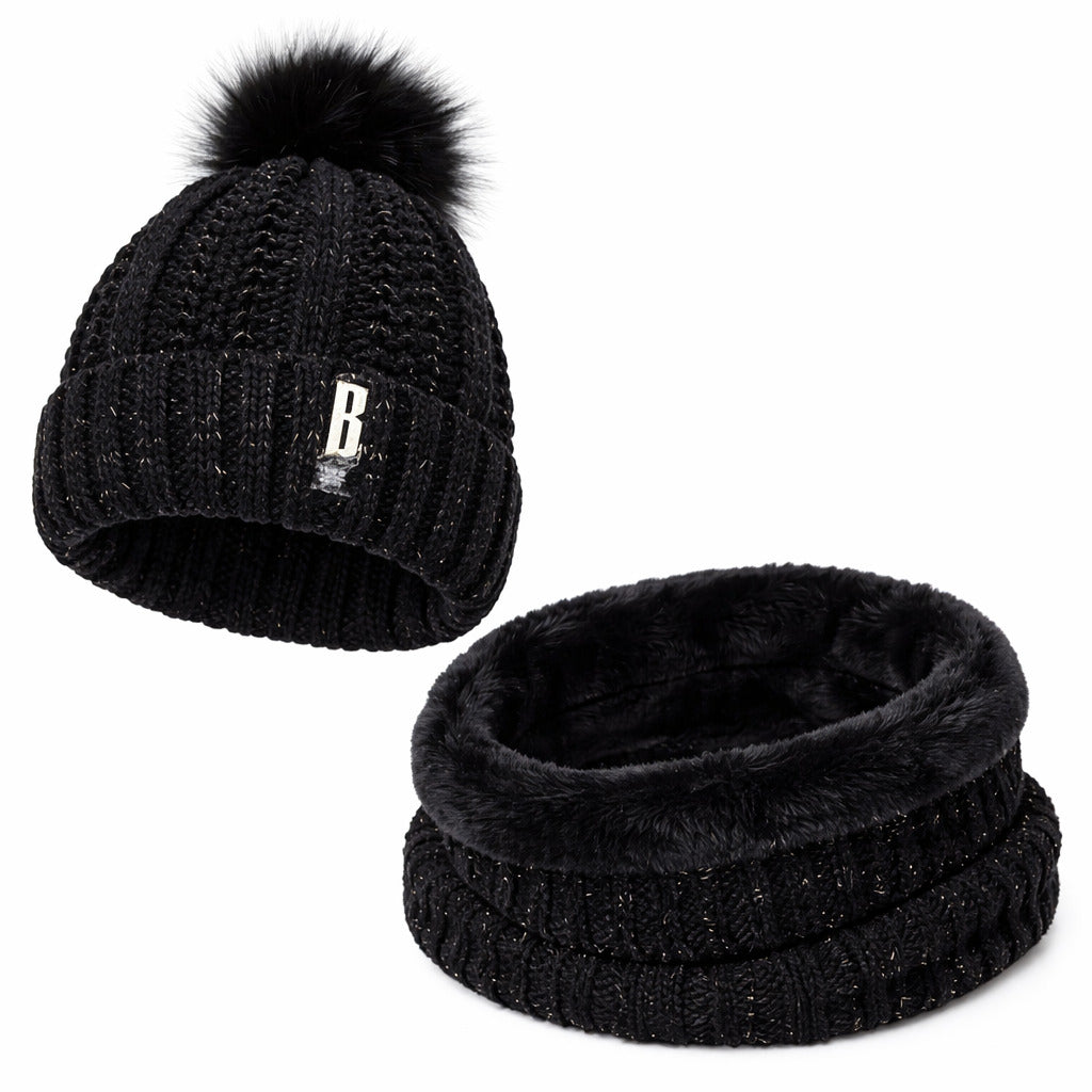 Ensemble Bonnet Femme Pompon en Maille & Écharpe Épaisse