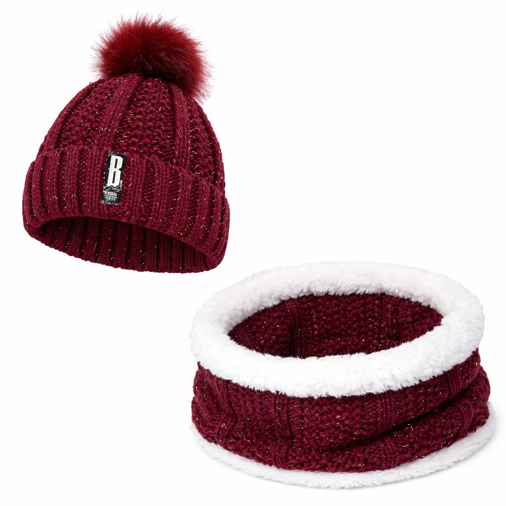 Ensemble Bonnet Femme Pompon en Maille & Écharpe Épaisse