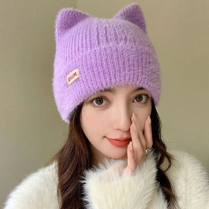 Bonnet Femme Tricoté avec Oreilles de Chat – KittyFluff